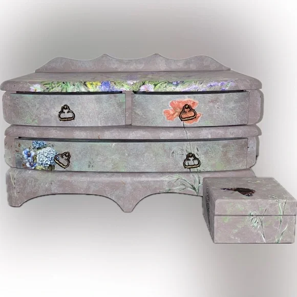 Faux Stone Finish Floral Jewelry Box with Bonus Trinket Box